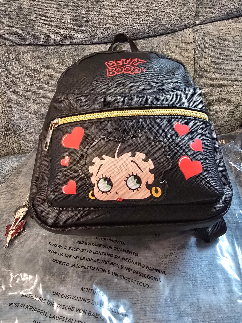 Betty Boop Black Medium Backpack with Red Hearts Betty Boop Charm